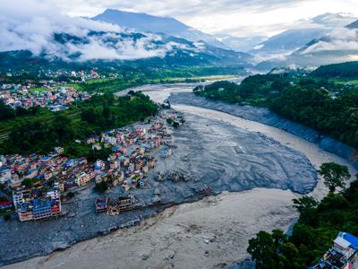 Aerial View Shows Flood Devastation Along Bhotekoshi River in Nuwakot