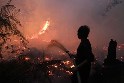 Firefighters Battle Forest Fire at Galeget Tiawu Nature Park, Indonesia