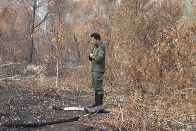 Firefighters Battle Forest Fire in Galeget Tiawu Nature Park, Indonesia